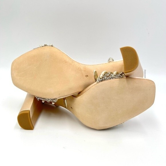 Badgley Mischka Size 5 Kari Soft Nude‎ Satin Jeweled Block Open Toe Heels Shoes - Picture 10 of 13